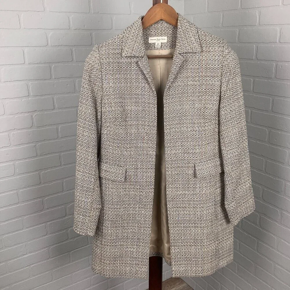 Amanda Smith Coat Women 8Petite Tan Blue Green Woven Tweed‎ Open Classic Career